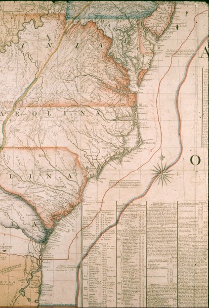 The so-called ‘Red-Lined Map’ : the revised (1775) edition of the Mitchell map of North America (1755) annotated with lines to illustrate interpretations of previous treaties, used by the British delegation in Paris 1782-3 when negotiating the independence of the USA (detail)